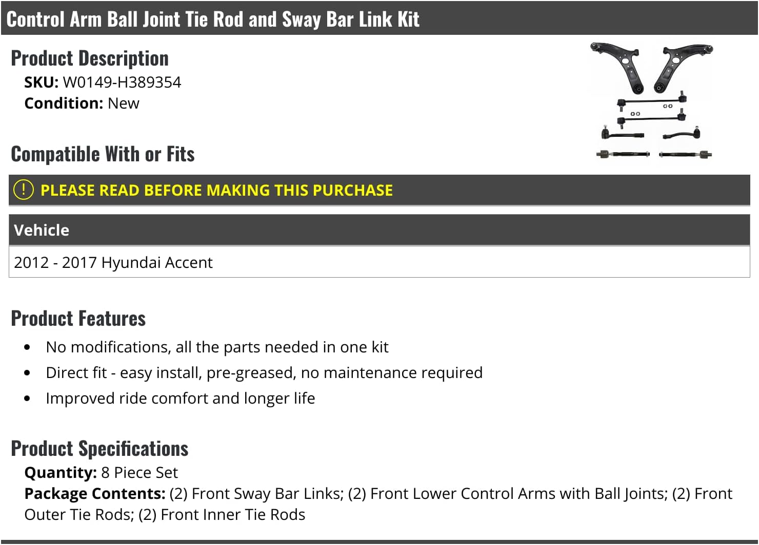 Marketplace Auto Parts - Front Lower Control Arm Ball Joint Tie Rod and Sway Bar Link Kit - 8 Piece - Compatible with 2012-2017 Hyundai Accent