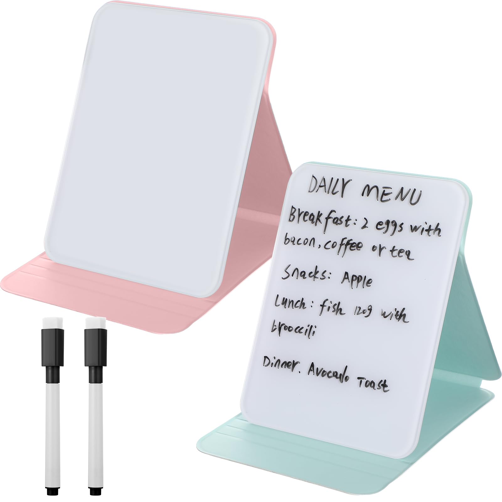 Dunzoom 2 Sets 4 Pcs Small Glass Desktop Whiteboard with Reversable Stand 8x6 Inch Mini Dry Erase White Board Easel with 2 Markers Reusable Desk