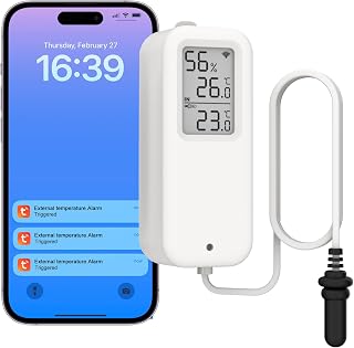 Daytech Freezer Thermometer with Room Thermometer and Freezer Alarm 2in1 WiFi Temperature Sensor with App and Email Alerts for Fridge Fish Tank Pet Cage Wine Cellar Greenhouse 1 Pack (No Hub Required)