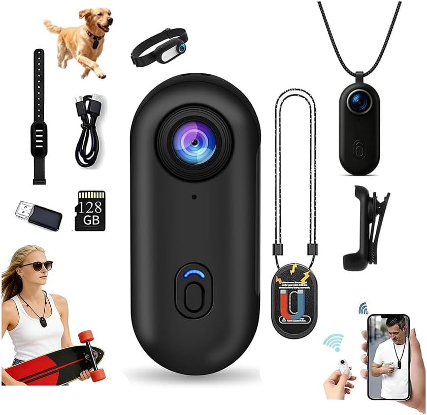 4K HD Mini WiFi Body Camera, Thumb-Sized POV Necklace Camera,Wearable Sport Cameras,with Magnetic Lanyard,360°Rotatable Clip,for Cycling,Work,Pets,Outdoor and Vlogging (4k-blk-128g)