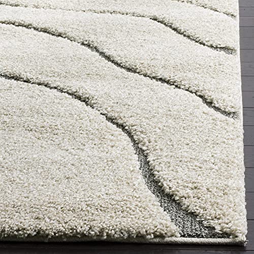Image of Abstract Wavy Design Round Shaggy Carpet for Living Room, Bedroom, High Low Design Finish Microfiber 1.8 Inch Pile High, 4x4 Feet Ivory|Grey Color