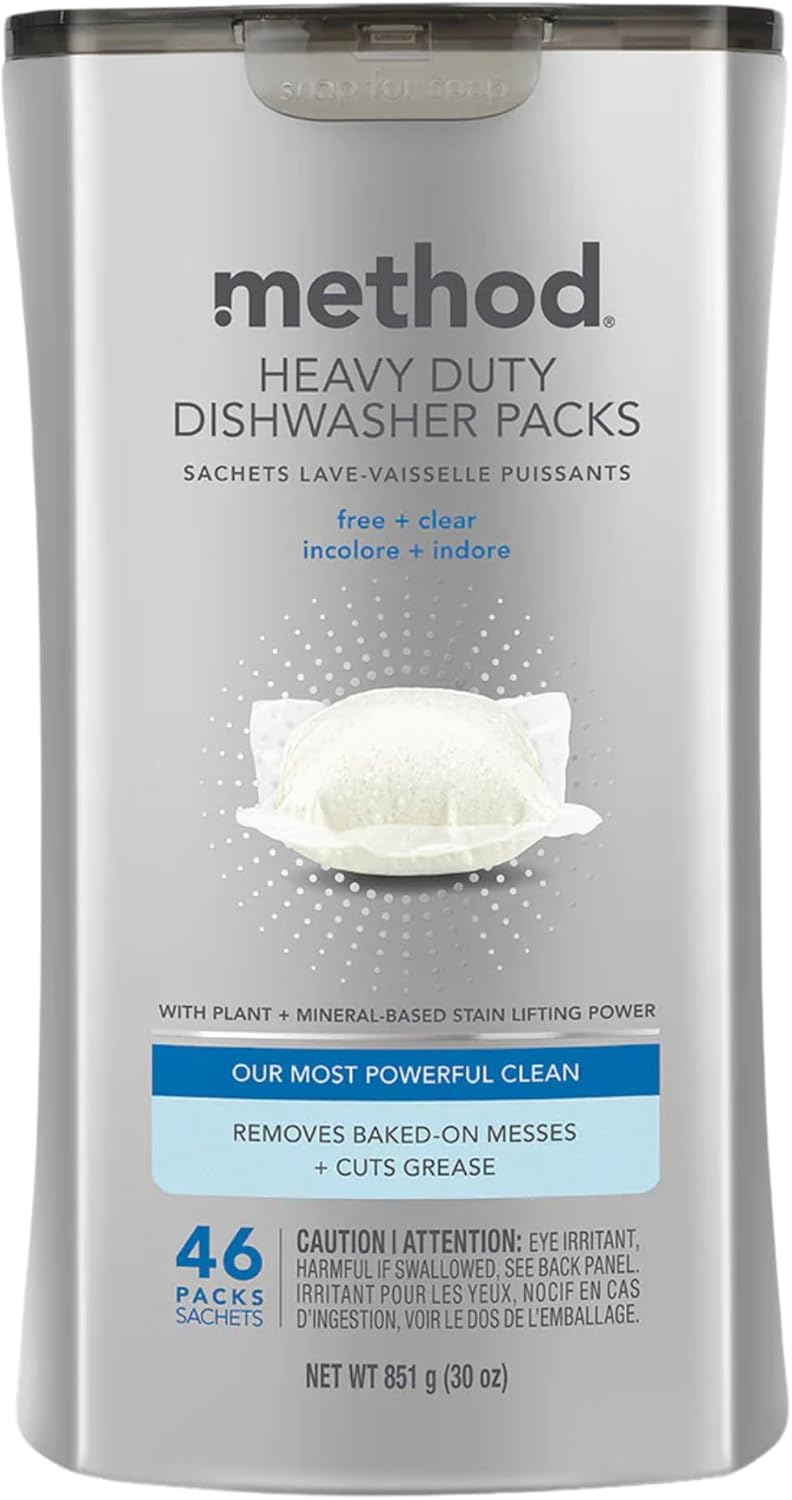 Method Dishwasher Detergent Packs, Heavy Duty, Fragrance Free + Clear, Dishwashing Rinse Aid to Lift Tough Grease and Stains, 46 Dishwasher Tabs per Package, (Pack of 2)