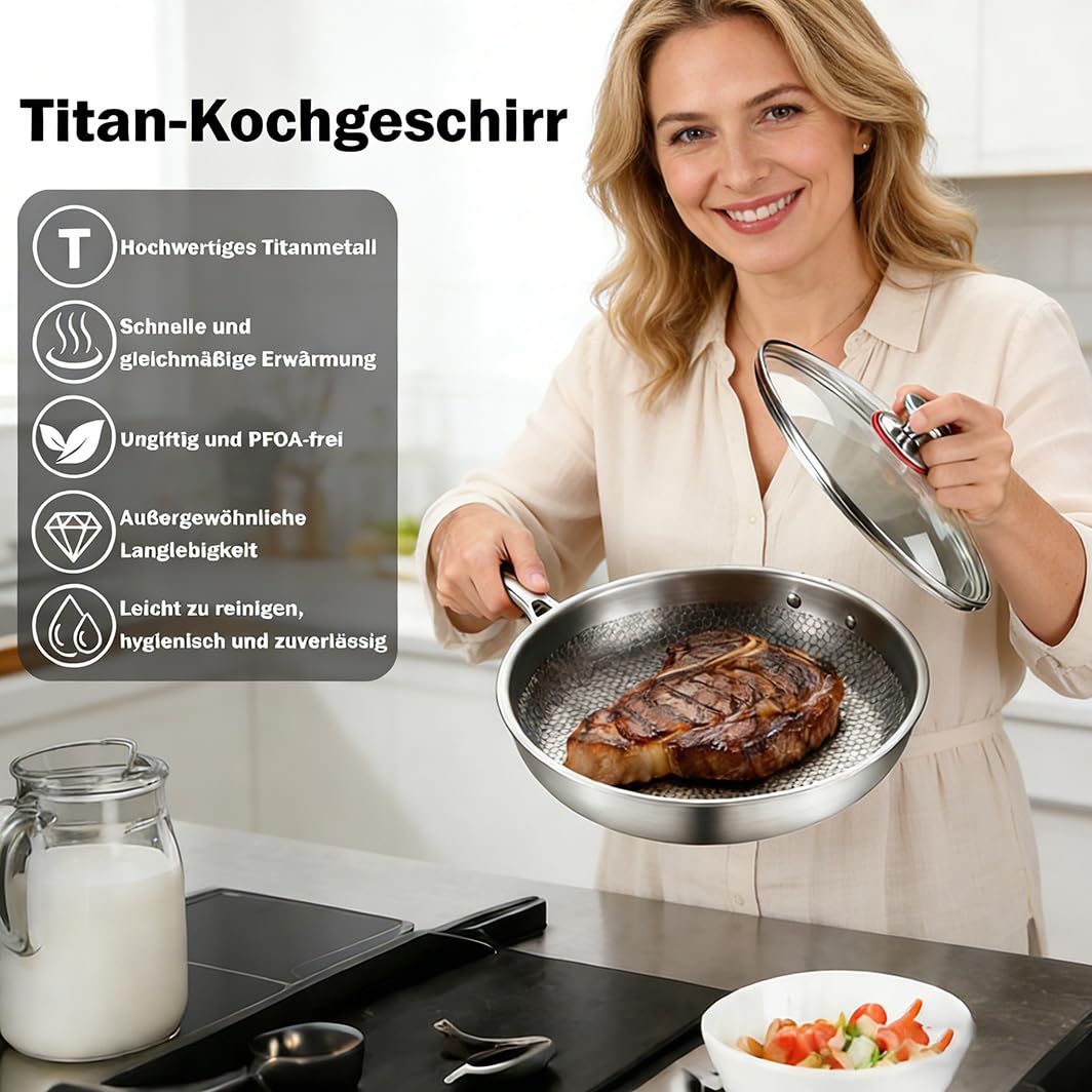 SANTUO Titan Bratpfanne, Titanium Pfanne Unbeschichtet, Titanium Hammered Pan Pro mit Deckel, Antihaft Titanpfanne 26/28/30/32 cm for Cooking, Multifunctional Pots and Pans, Ohne Abdeckung, 28cm