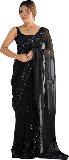 AKHILAM Women's Georgette Embellished Saree With Unstitched Blouse Piece (KESARI9401_KR11_Parent)