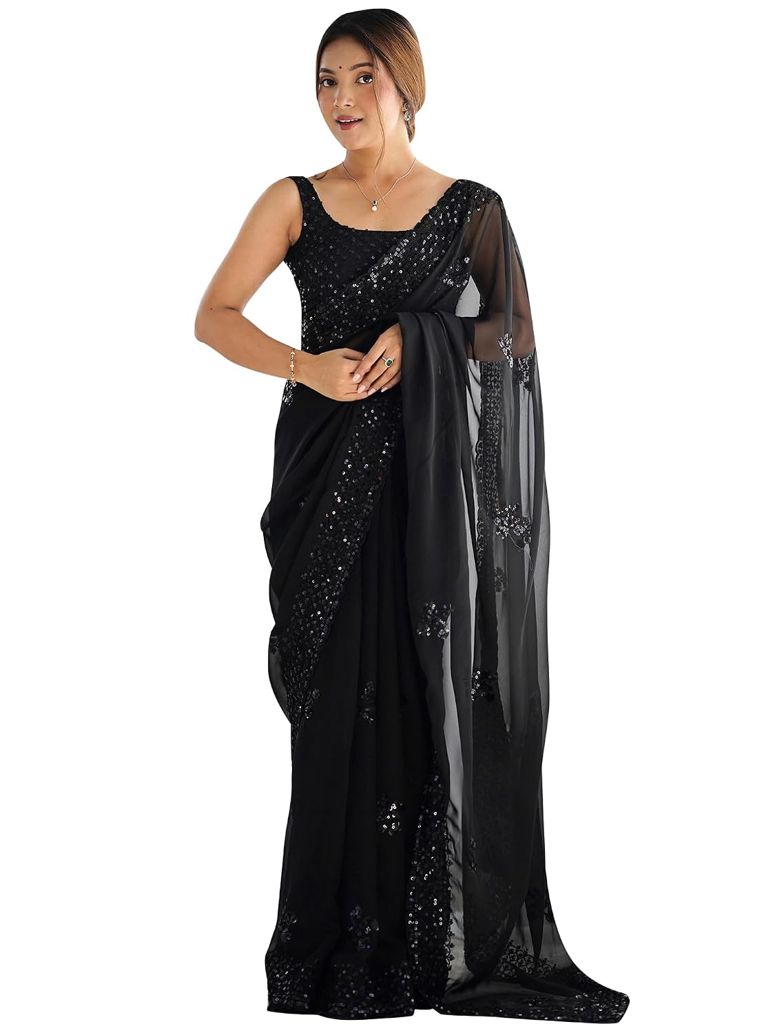 AKHILAM Women's Georgette Embellished Saree With Unstitched Blouse Piece (KESARI9401_KR11_Parent) - Review, Price and Buying Guide