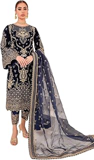 Women's Velvet Embroidery Straight Kurta and Pant Set with Dupatta-28