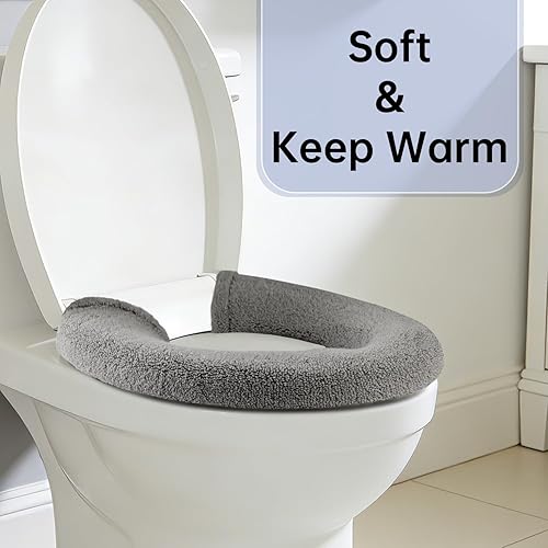 Miniatura 4 de Funda para asiento de inodoro, calentador suave y grueso con broches fijos, elástico, lavable, tela de fibra lavable, fácil instalación y limpieza