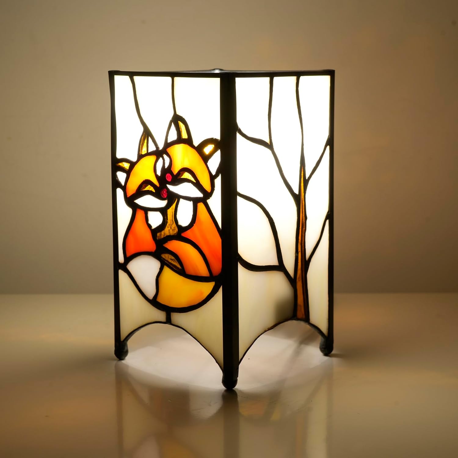 Tiffany Lamp Orange Stained Glass Table Lamp Small Foxes Animal Night Light Mini Retro Bedside Table Light for Home Decor Boys Girls Christmas Halloween Gifts