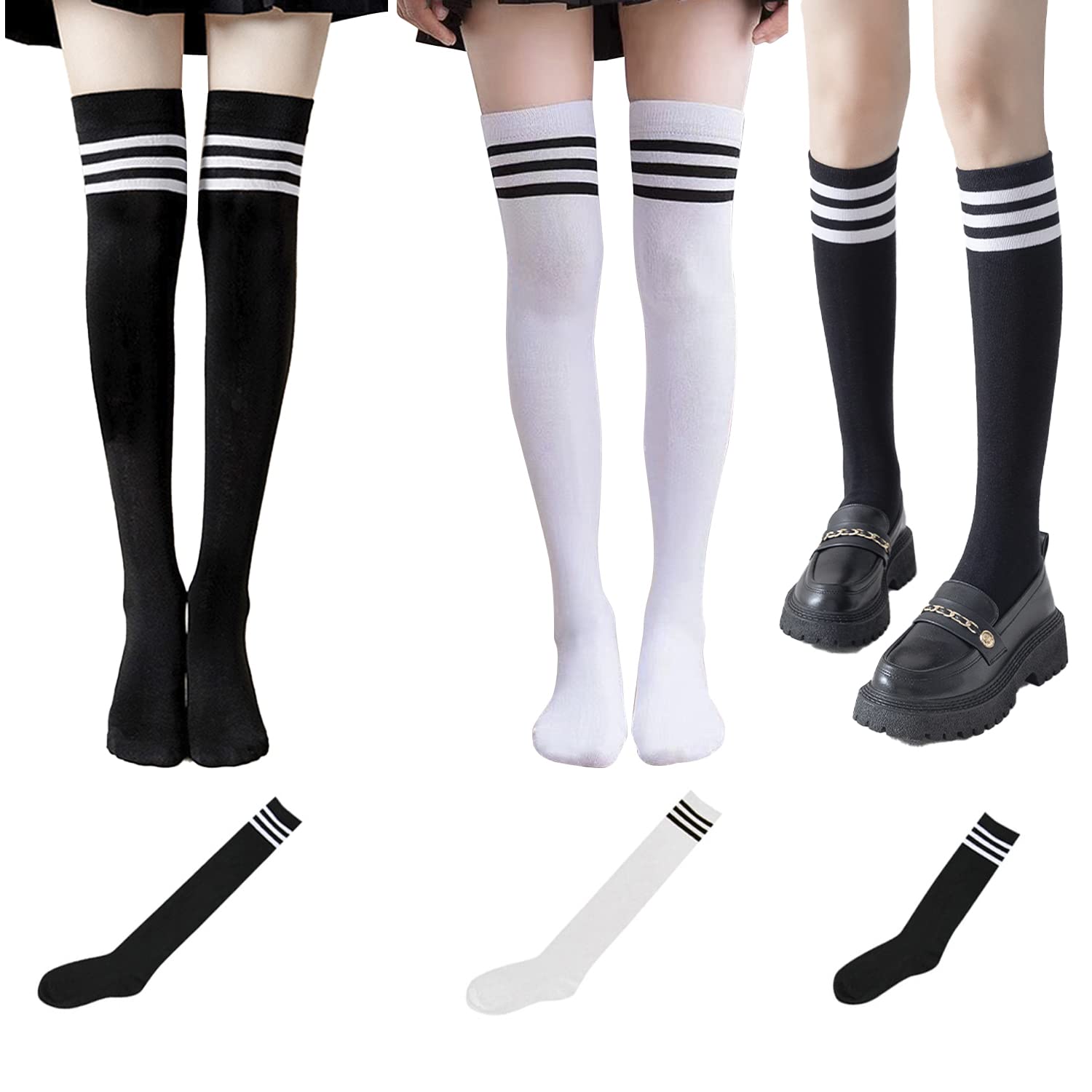 PFLYPF 2 pares de calcetines por encima de la rodilla, con 1 par de calcetines de pantorrilla, calcetines a rayas para mujer, calcetines elásticos de algodón de tubo alto, accesorios de juego de rol