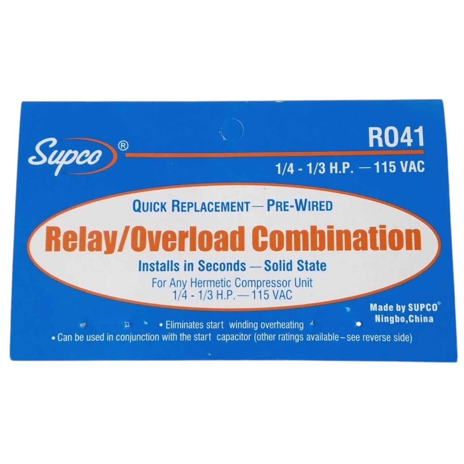 R041 Refrigerator Relay Overload for 1/4-1/3 HP Compressors 115 Volts