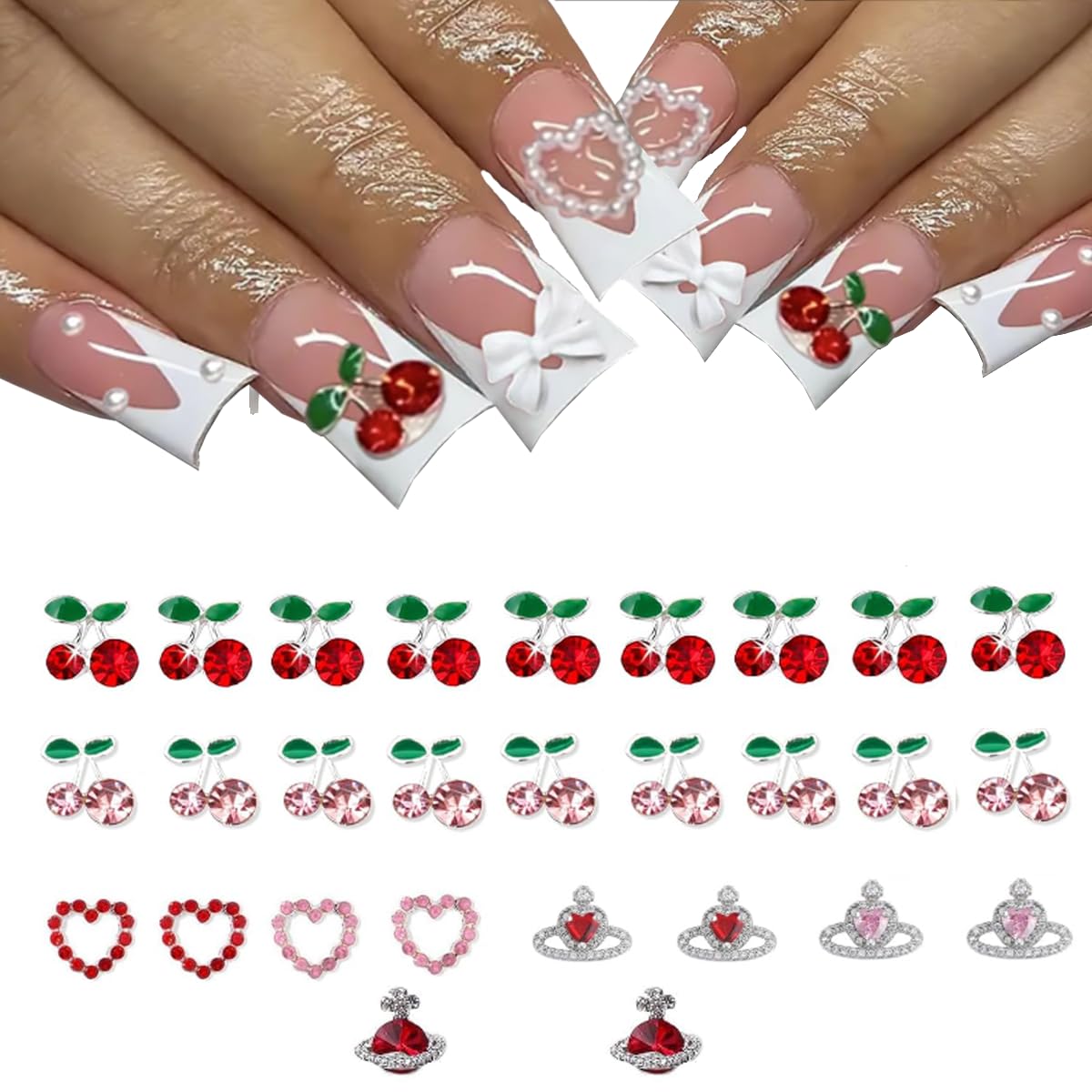 COOSLIM 30 Pcs Cherry Nail Charms, Red Pink Cherries Nail Art Gems, Star Heart Planet Nail Jewelry Decorations, Saturn Shape Acrylic Nail Accessories for Women DIY Crafts Supplies 4