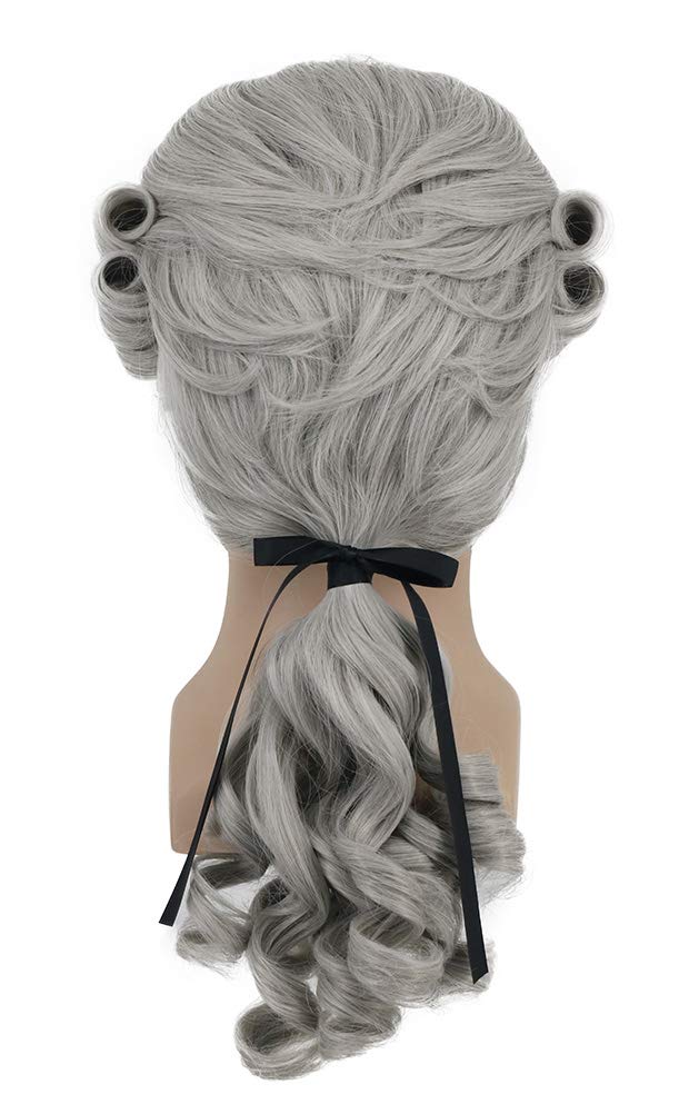 Yuehong Men Long Curly Grey Cosplay Wig Colonial Gentleman Lawyer 18th Century Costume Hair Heat Resistant Synthetic Fibers Soft Durable Wig (Grey) - Image 4