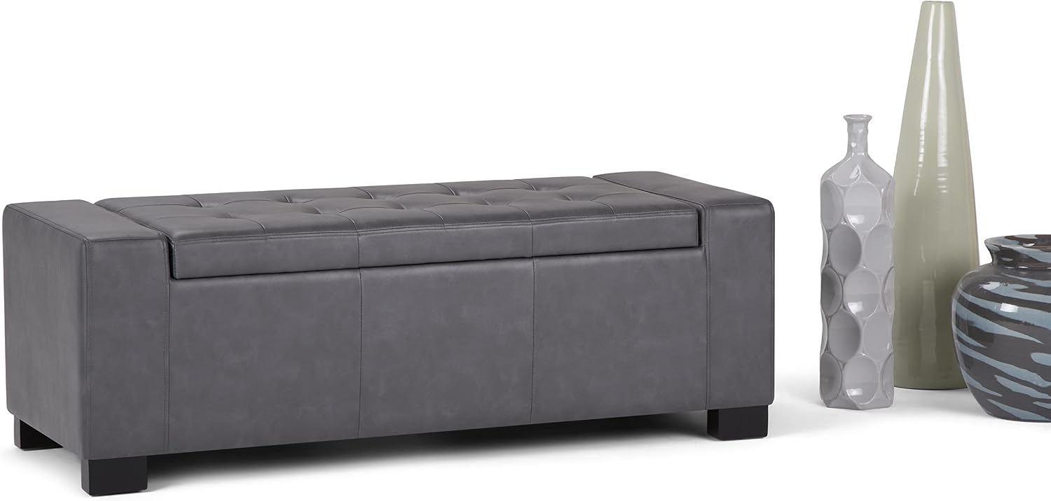 SIMPLIHOME Laredo 51 inch Wide Contemporary Rectangle Large Storage Ottoman in Stone Grey Vegan Faux Leather, Assembled, For the Living Room, Entryway and Family Room