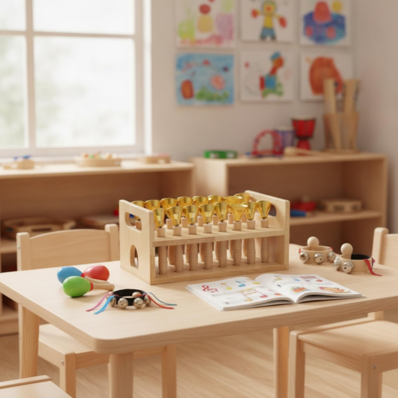 Campana de Percusión Infantil Campana Mano Instrumento Musical Juguete Rítmico con Asa Madera Cómoda y Campana Metal con Estante Estable para Guardar