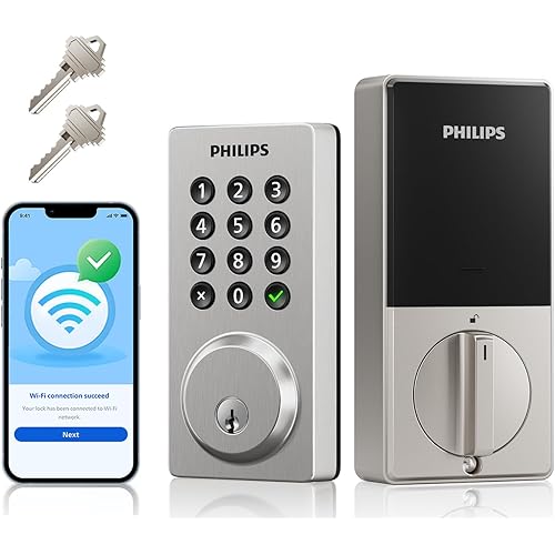 Philips WiFi Smart Keypad Deadbolt Lock, App Remote Control, No Hub Required, Support Alexa & Google Assistant, Keyless Entry Door Lock with Auto Lock, Digital Smart Locks for Front Door, Satin Nickel