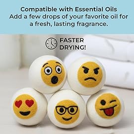 Ezhippie Quality Wool Dryer Balls - 6 XL Emoji Pack - 1000+ Loads - Pure Organic Wool - Reusable Natural Fabric Softener Perfect with Essential Oils, Reduce Clothing Static and Wrinkles