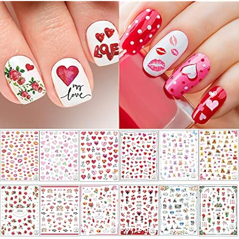 Adurself 1000+ Patterns Valentine's Day Nail Art Decals Lips 3D Nail Self-Adhesive Stickers Rose Heart Bear Love for Women Girls Kids DIY Nail Design Manicure Cover