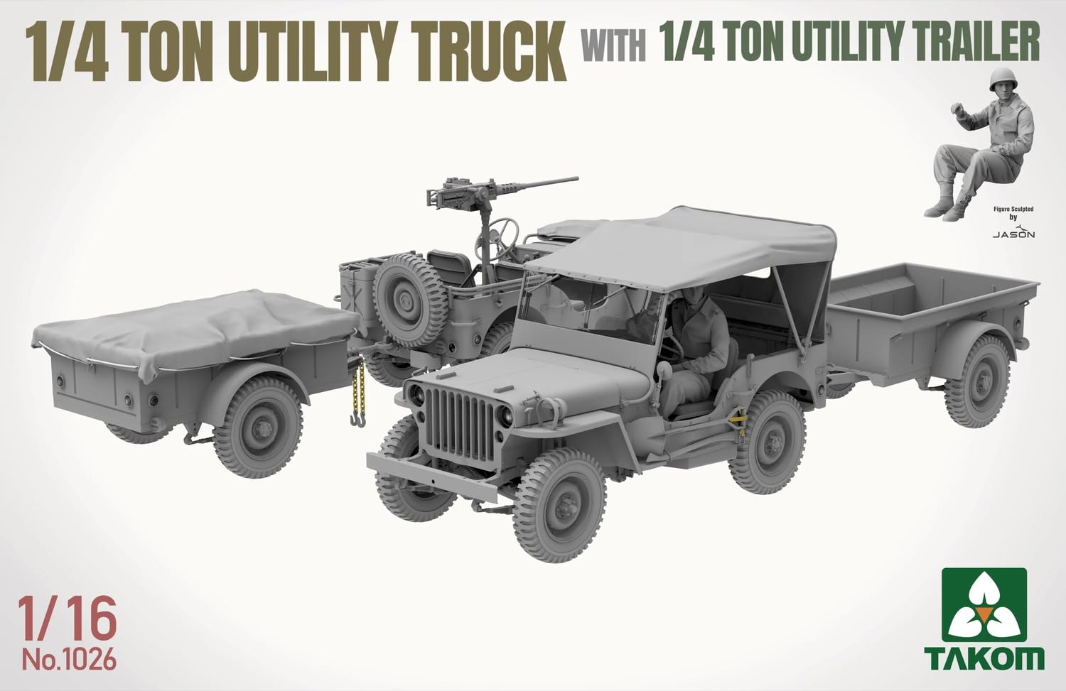 TAKOM TAK1026 1/4 ton Utility Truck z przyczepą - zestaw modelarski 1:16 - amerykański samochód terenowy z figurką kierowcy i częściami PE - niezmontowany
