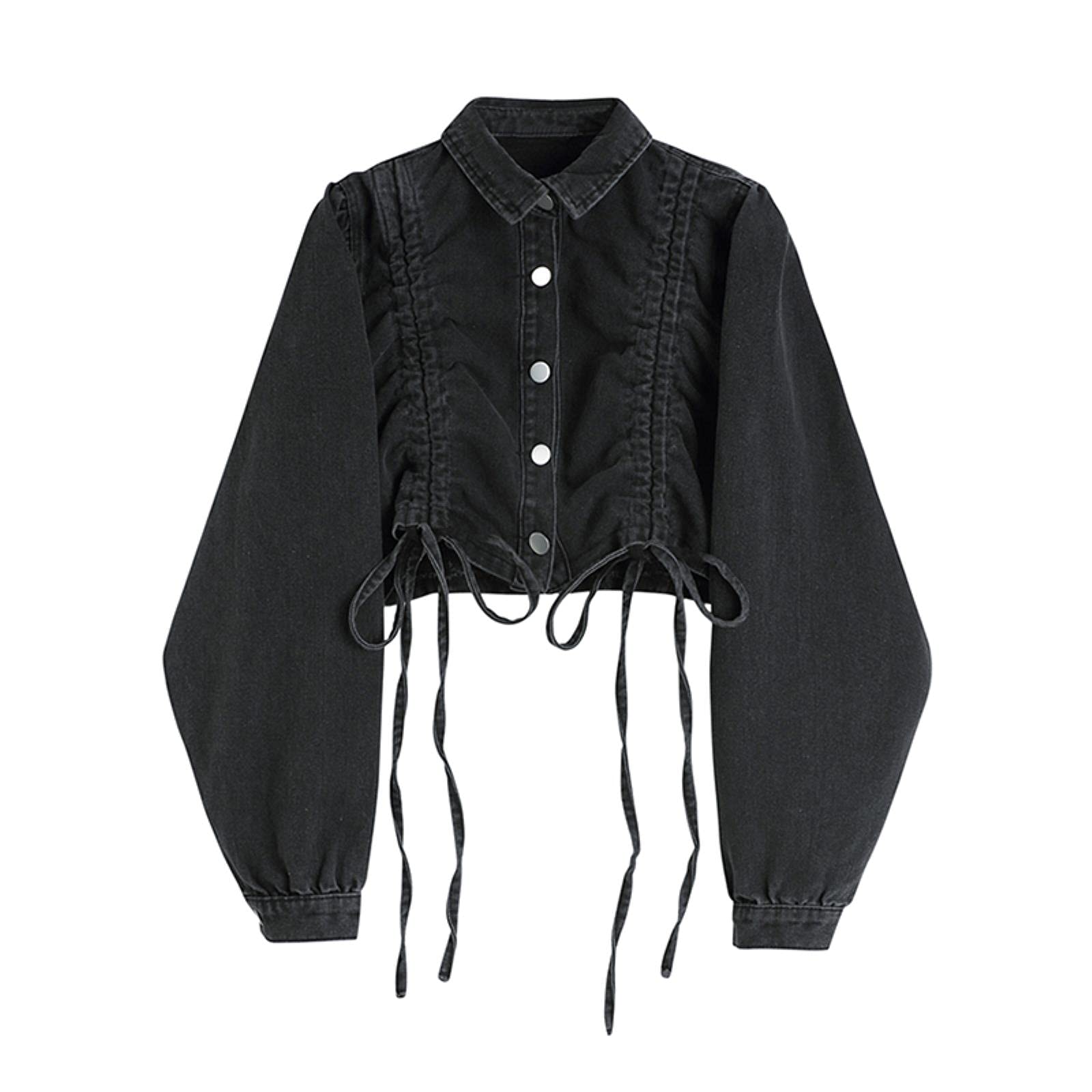 UKKO Giacca di Jeans Autumn Pleated Button Jacket Giacca Donne Hip Hop Street Style Croundped Coulisstring Breasted Denim Cappotti Femminili-M,Blue