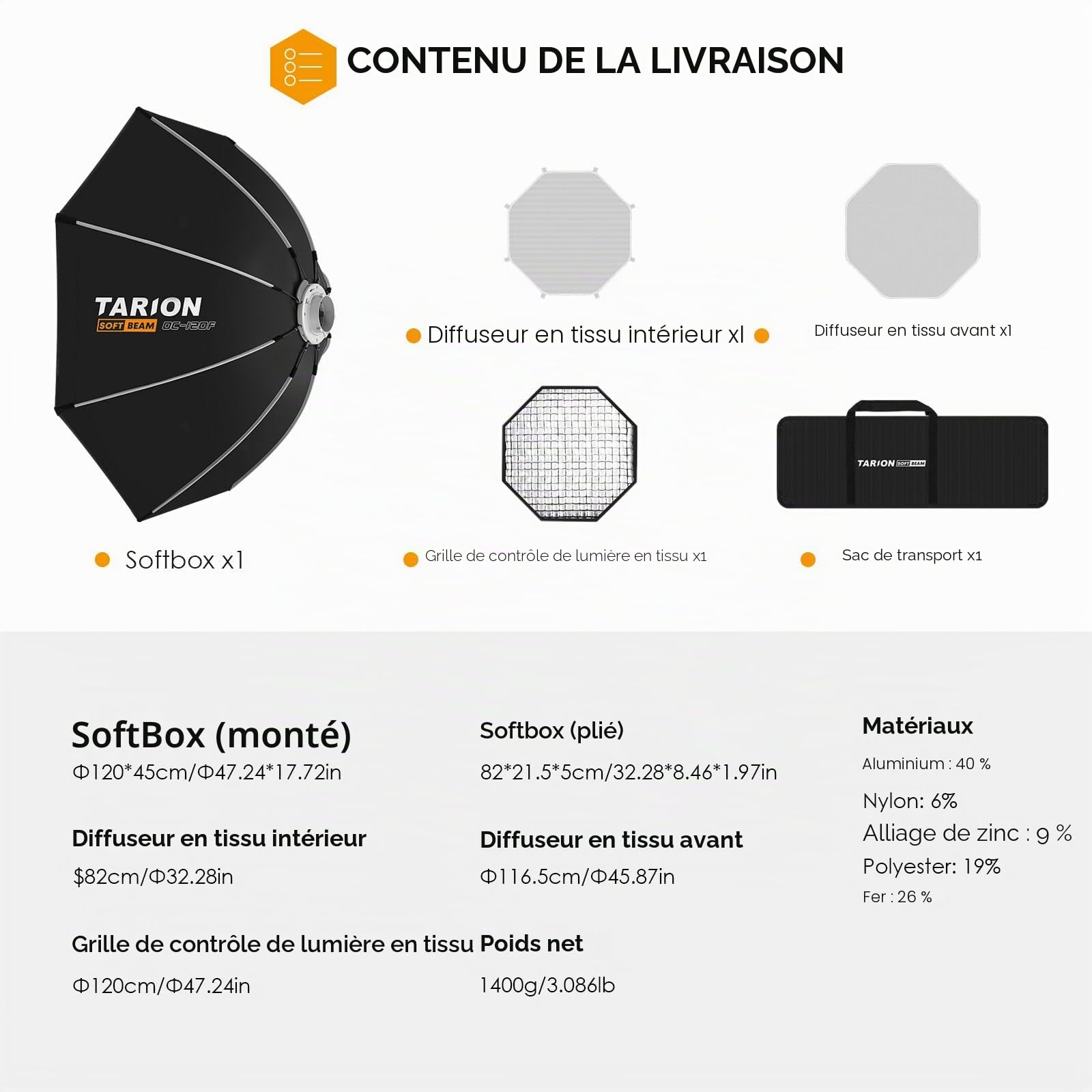 TARION Softbox Octogonal Montage Rapide - Softbox Bowens 120cm Pliable avec Grille Double Diffusion pour Photographie Studio vidéo OC-120F SOFTBEAM