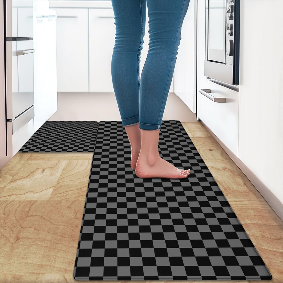 Checkered Retro Cushioned Kitchen Mats for Floor 2PCS Black Grey Plaid Waterproof Non Slip Kitchen Rugs for Kitchen, Office, Geometric Vintage Modern Simple Groovy Aesthetic , 17.3"x28"+17.3"x47"inch