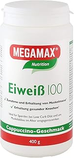 Megamax Eiweiss Cappuccino 400 g | Molkenprotein + Milcheiweiß Für Muskelaufbau ,Diaet | 2k-Eiweiss ideal zum Backen | hochwertiges Low Carb Eiweiß-Shake | aspartamfrei Protein-pulver mit Aminosäure