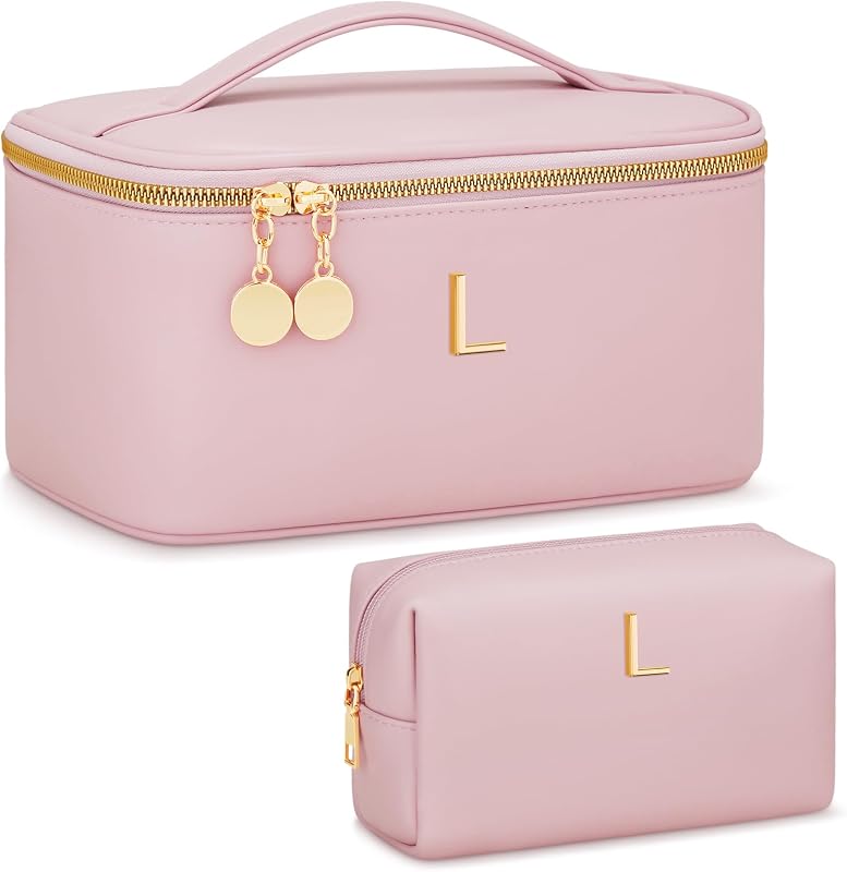 Necessaire de maquiagem personalizada com inicial CLOUDWINGS, bolsa de viagem com estojo, divisórias e alça, Pink-L, pacote com 2