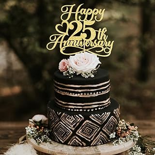 Glitter Happy 25th Anniversary Cake Toppers -Wedding Anniversary Party Decorations,25th Wedding Anniversary, Company Anniversary Party, Birthday Party Decorations (golden)