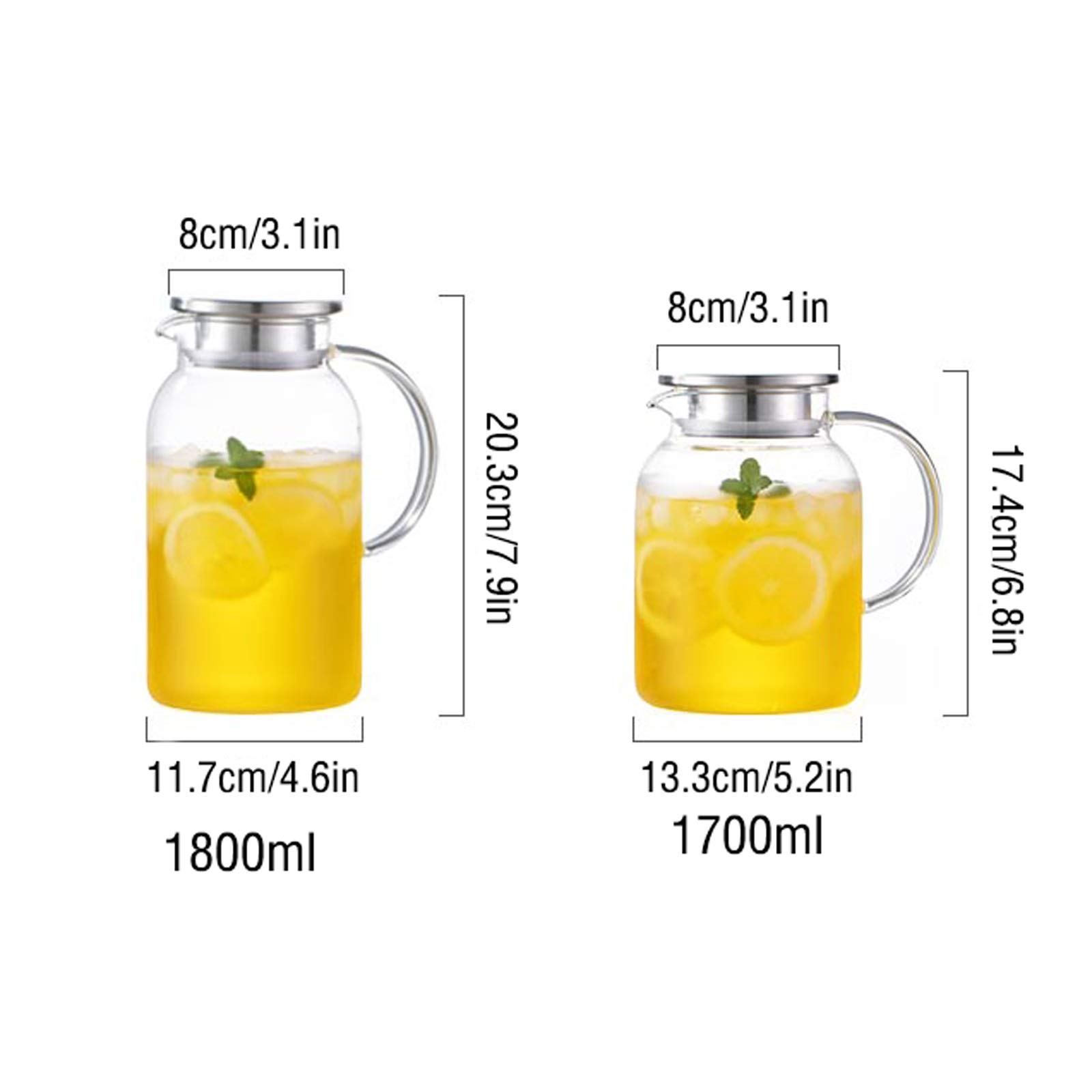 Jarra Agua Fria Lanzador de Vidrio de Gran Capacidad con Tapa de Acero Inoxidable Tetera de Cristal Resistente a la Alta Temperatura Material Engrosado Jarra Agua Detox Frutas (Size : 1.8L)