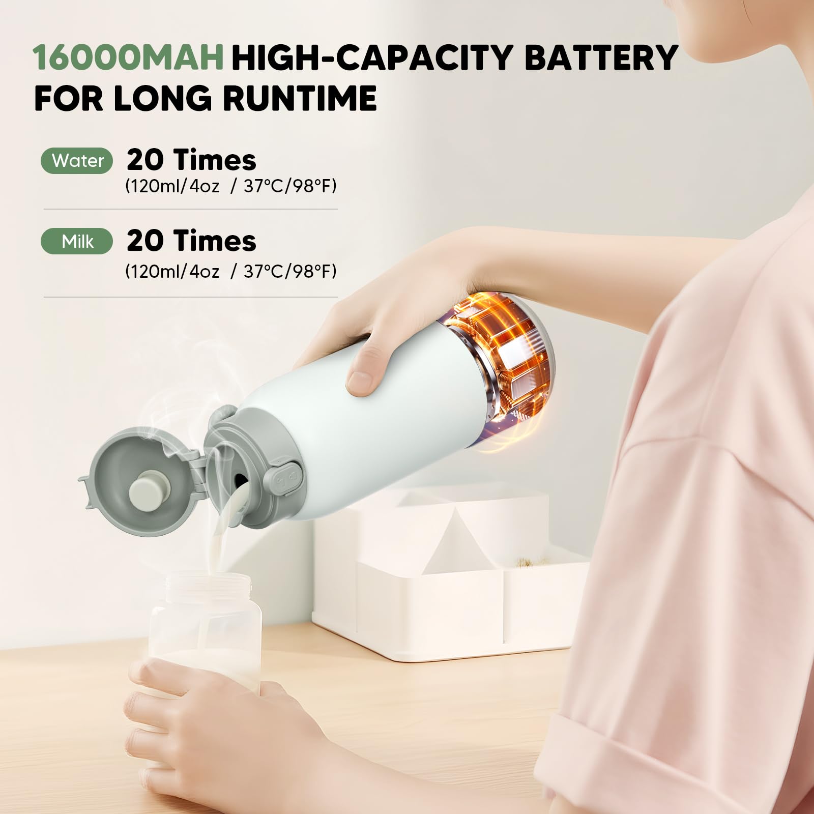 Scaldabiberon portatile Riscaldamento Con ricarica di latte materno, acqua e latte artificiale, controllo preciso della temperatura, batteria USB-C da 16000 mAh, capacità 500 ml