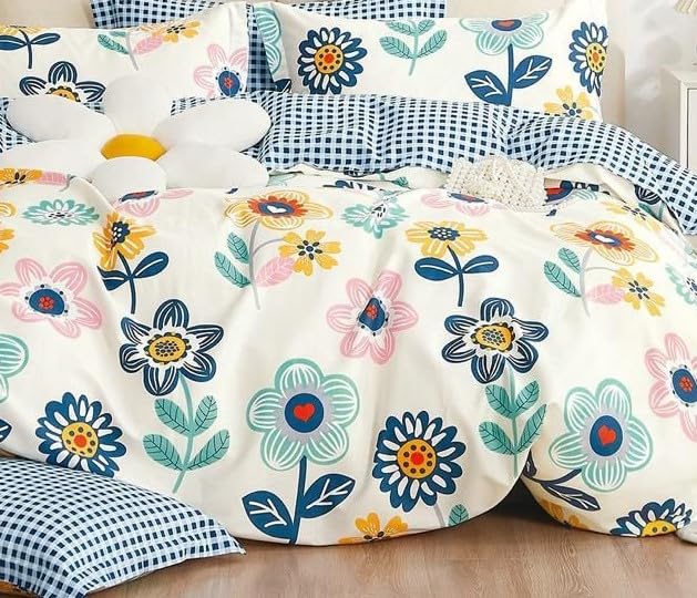 Image of DECOMIZER Super Soft Glace Cotton King Size AC Comforter II Blanket II Duvet for Double Bed with 1 Flat Bedsheet and 2 Pillow Cover - 4 Piece Comforter Set - Blue Sunflower