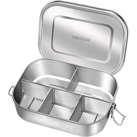 VIKCOLEE Stainless Steel Bento Lunch Food Box Container, 5-Compartment Large 1400ML Metal Bento Lunch Box Container for Kids or Adults with Lockable Clips to Leak Proof - BPA-Free - Dishwasher Safe
