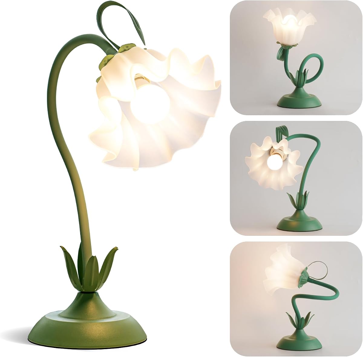 WERFOP Lámpara de mesa de flores Linda lámpara de escritorio para decoración del hogar del dormitorio | Lámpara de lectura LED con 3 modos de color para dormitorio universitario, mesita de noche y sala de estar (verde)