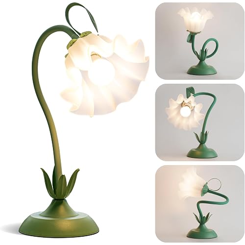 WERFOP Flower Table Lamp, LED Reading Light Vintage Bedside Table Lamp with 3 Color Modes for Nightstand, Kawaii Decoration for Home Bedroom Living Room (Green)