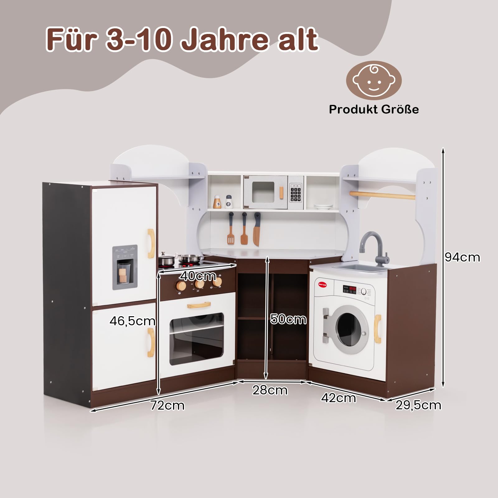 GOPLUS Eck Spielküche aus Holz, Rollenspielküche für Kinder mit Eismaschine, Mikrowelle, Herd, Ofen, Spüle, Waschmaschine, Kinderküche mit Lichtern und Geräuschen für Kinder ab 3 Jahren