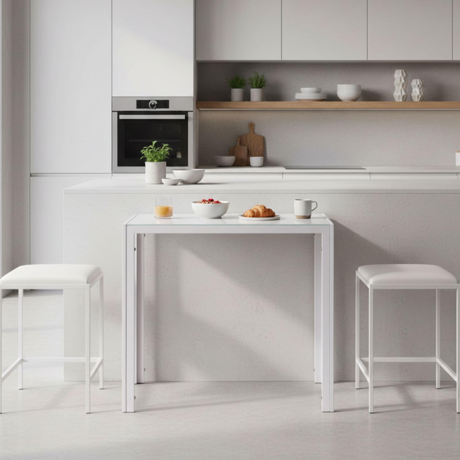 Mesa Cocina Pequeña - Medidas 80x40x75 cm. - Estructura Metálica y Cristal Templado de 6 mm. de Grosor - Mesa Estrecha de Cocina. (Blanco)