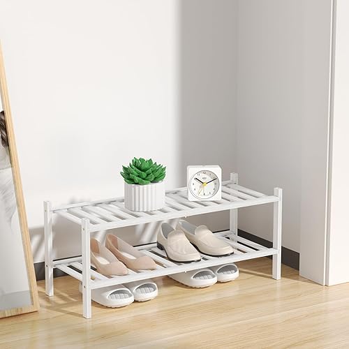 Miniatura 5 de Zapatero de bambú natural de 2 niveles  Estante de almacenamiento apilable con combinaciones multifunción  Zapateros independientes para una cómoda