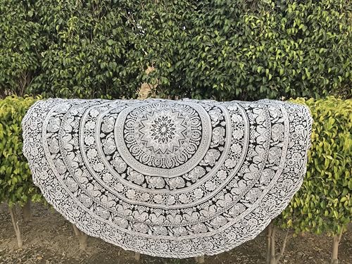 raajsee Black White Round Beach Tapestry Hippie/Boho Beach Blanket Mandala/Indian Cotton Throw - Round Tablecloth/Home Decor/Indie Rug Yoga Mat Meditation Picnic Rugs 127 CM / 50 INCHE Circle - Image 7