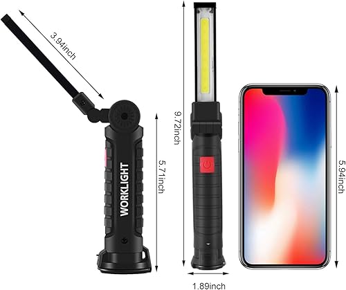 Miniatura 7 de Paquete de 2 luces LED de trabajo, luz de trabajo LED COB con base magnética y gancho para colgar, rotación de 360, 5 modos de linterna LED para