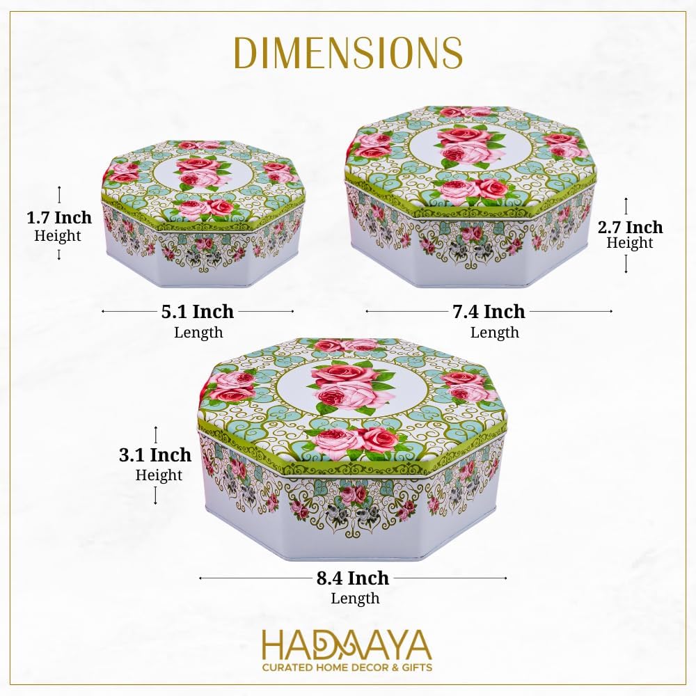 Pack of 3 Octagon Shaped Cookie Tins with Lid, Mother's Day Multipurpose Nesting Storage for Cookies, Candy, Office Supplies, Pink & Green French Gilded Roses Design