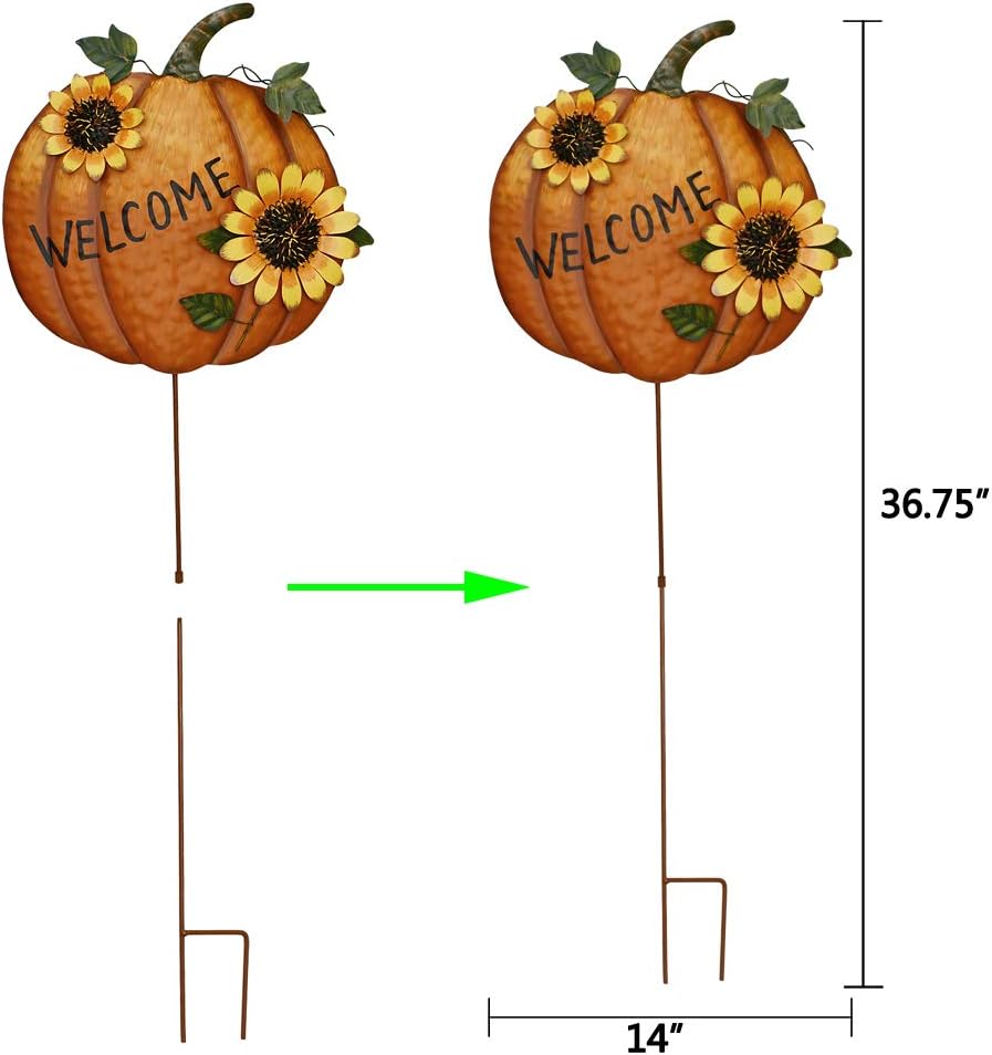 Pumpkin Garden Stake Metal Welcome Sign Fall Decor, Decorative Pumpkin Yard Garden Décor Outdoor for Autumn Harvest Thanksgiving Halloween Rustic Pumpkin Decoration for Home (1, 14inX36.75in)