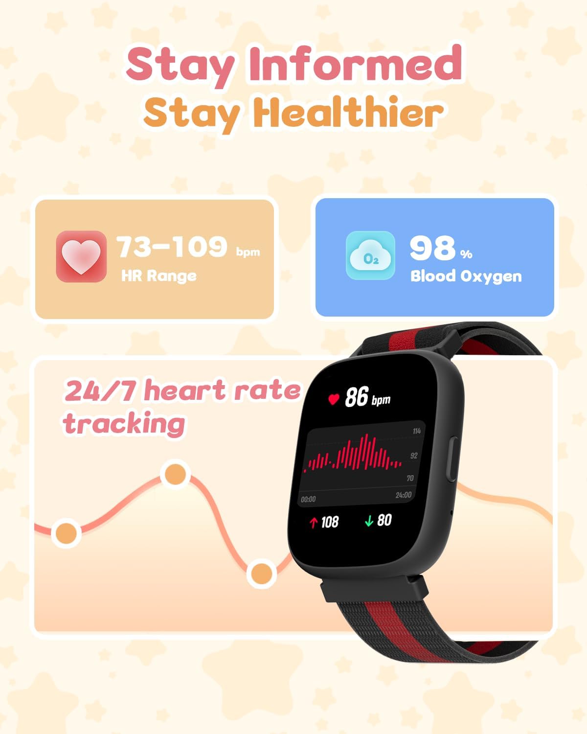 Smart Watch for Kids No Phone No APP Needed, 1.83" Fitness Tracker Watch with Pedometer, Step Counter， Heart Rate/Sleep Monitor, IP68 Waterproof, Puzzle Games for Boys Teens 5-12, Nylon
