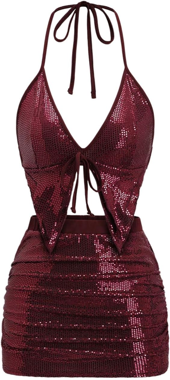 SHENHE Women's Y2k 2 Piece Sexy Outfits Backless Halter Crop Top and Ruched Bodycon Mini Skirt Set