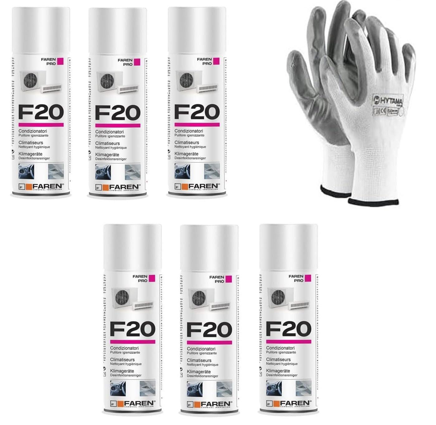 Igienizzante Spray F20 per Climatizzatori di Casa e Auto, gradevolmente profumato a base alcolica, 6pz x 400ml + 1 Paio di Guanti