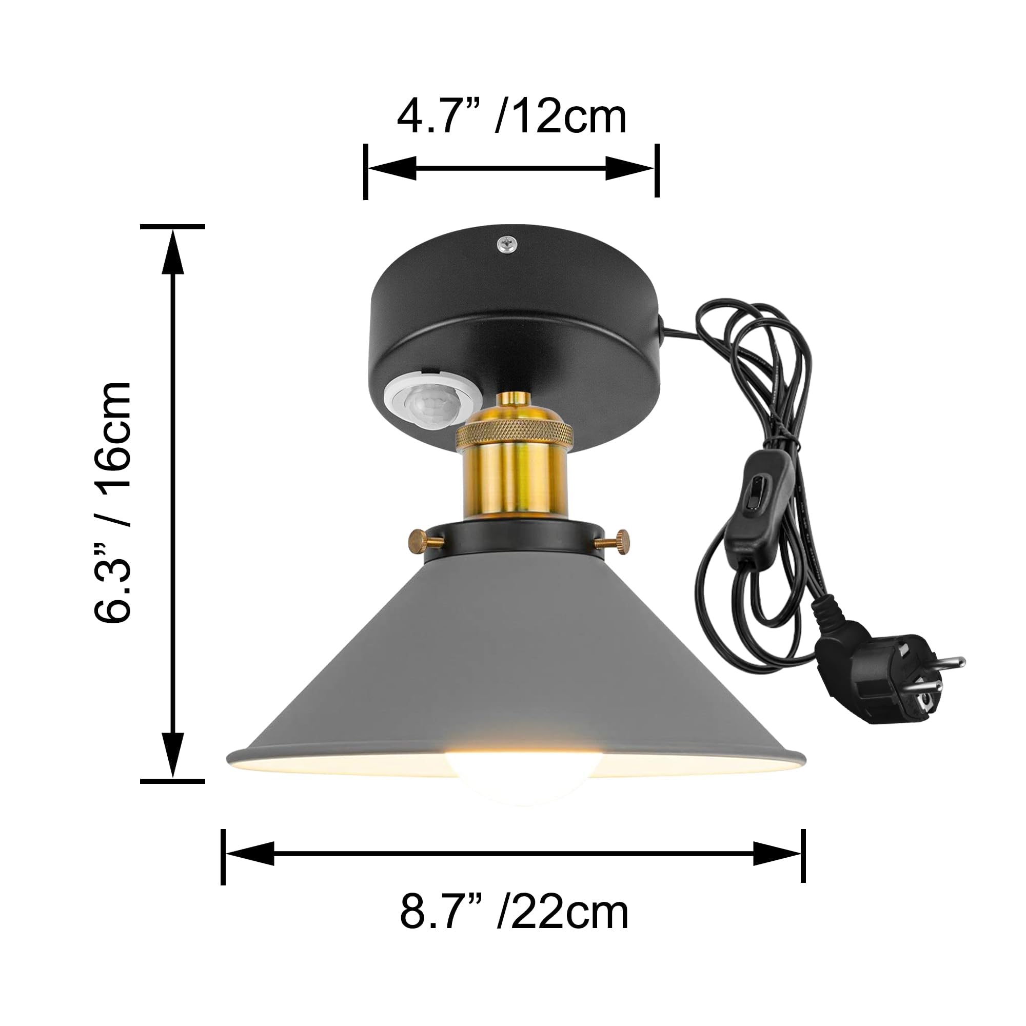 Plafoniera con sensore di movimento interno, in alluminio industriale, con sensore di movimento radar con cavo da 4,5 m e portalampada E27, per scale, garage, corridoio, bagno, grigio