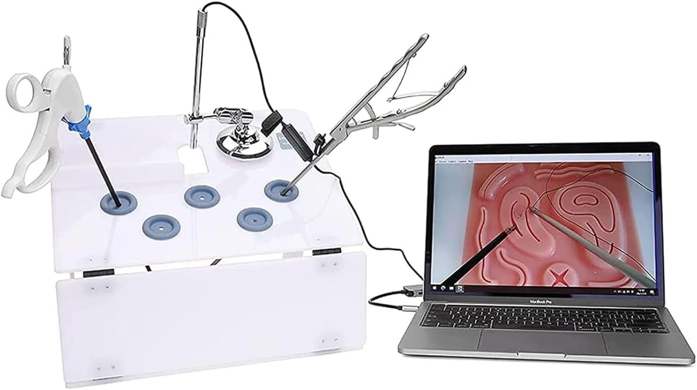 Laparoscopic Training Kit with HD Endoscope - Foldable Portable Trainer Box with 8 Training Modules and 4 Surgical Instruments for Suture Practice