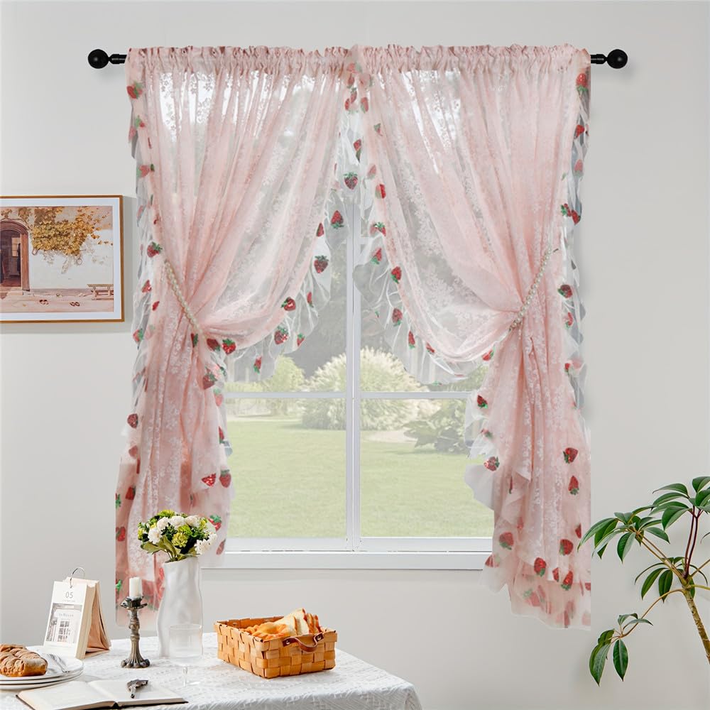 Pink Ditsy Floral Curtain with Lace
