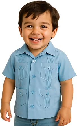bohio Boys Traditional Short Sleeve Cotton-Blend Guayabera Button-Up Shirt, White, Natural, Lt. Blue, 12M-18Y