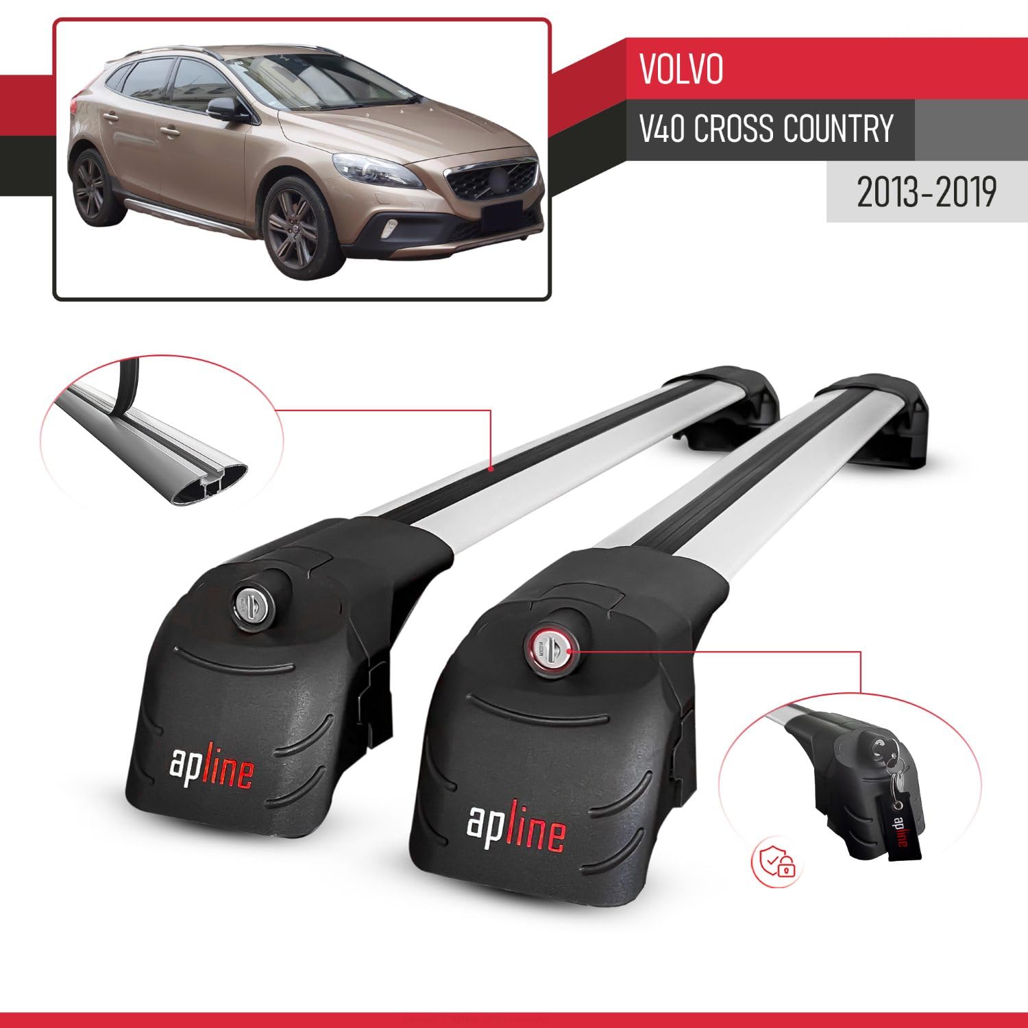 Compatible con Volvo V40 Cross Country 2013-2019 Modelo Ace-2 Barra de Techo Auto Portaequipajes Barras Transversales Gris Aluminio 2 Barras