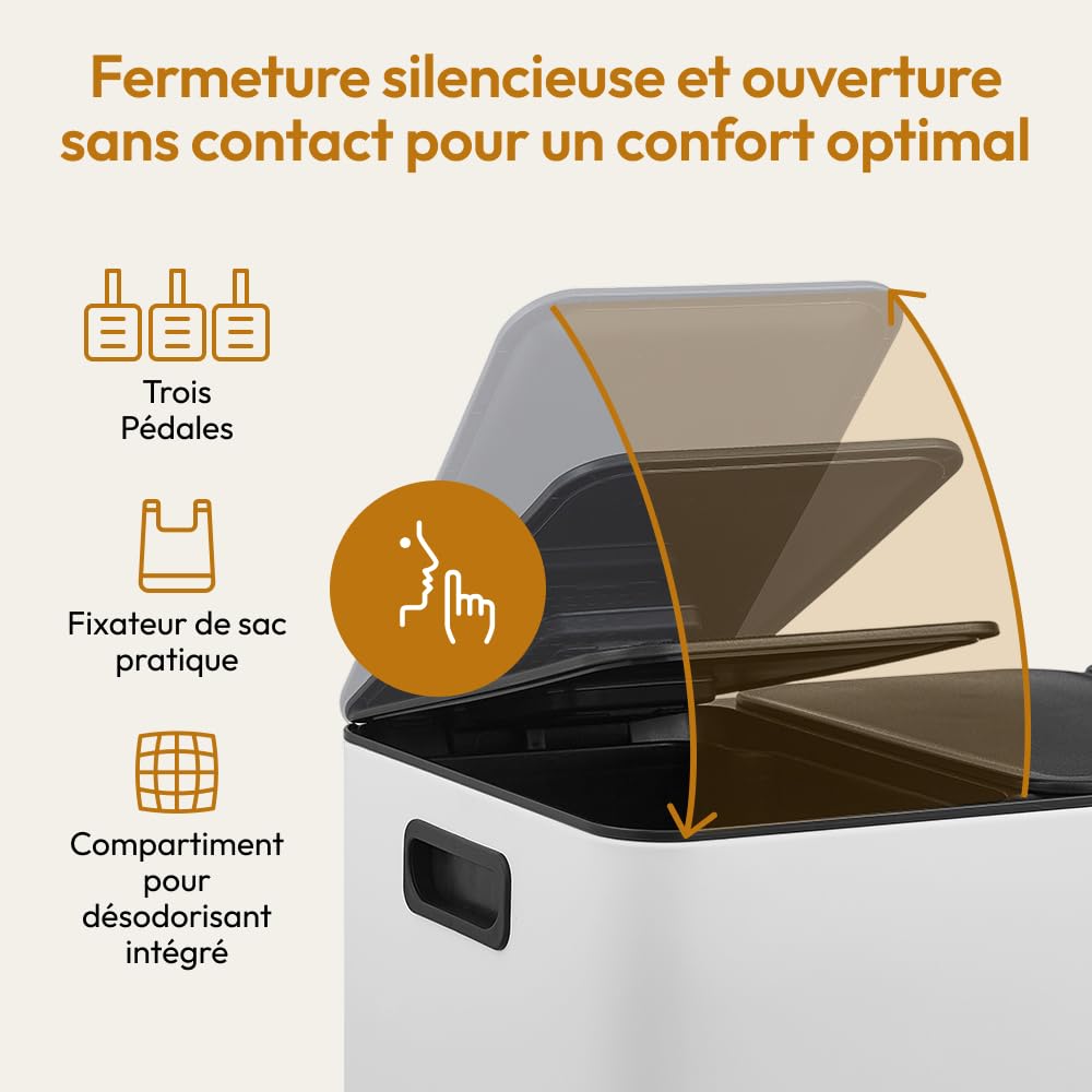 CASABEL Poubelle Tri Sélectif 3x20L, Acier Inox Blanc, Poubelle 60L Cuisine Recyclage Rectangulaire à Pédales, Anti Traces, Anti Odeurs, Systèmes de Tri des Déchets, Poubelle Tri Selectif 3 Bacs